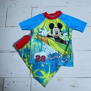 Disney Mickey Mouse Swim Suit 2T Blue Green Rash Guard Boys Trunks Bathing Suit